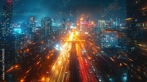In futuristic tech city at night abstract background of high speed global data transfer and super fast broadband 