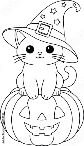 Obraz na płótnie The cute cat is sitting on a Halloween pumpkin coloring page w salonie