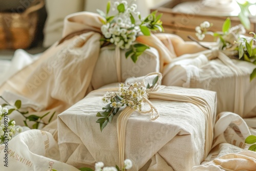 An eco-friendly gift wrapping session using fabric and natural materials
