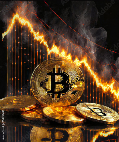Bitcoin coins fire is burning sign In the stock graph is going down Background
