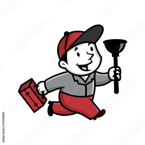running handyman holding a plumber.