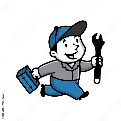 running handyman holding a monkey wrench.