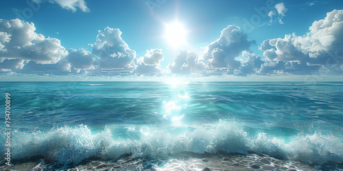 A serene blue ocean scene with blue waters, blue sky and sunlight reflecting on water, blue sea and sky background,banner panorama tranparent water sea