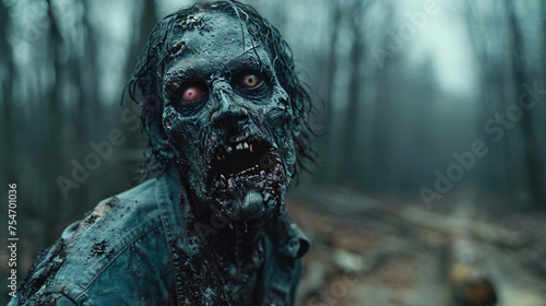 a portrait of Angry bloody zombie man with Fierce red eyes in forest