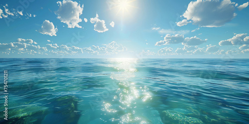 A serene blue ocean scene with  blue waters  blue sky  and sunlight reflecting on water  blue sea and sky background banner panorama tranparent water sea