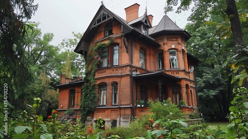 A magnificent brick house at the base of the hill. A historic residence in an urban development. A single-family home made of red bricks nestled among lush vegetation