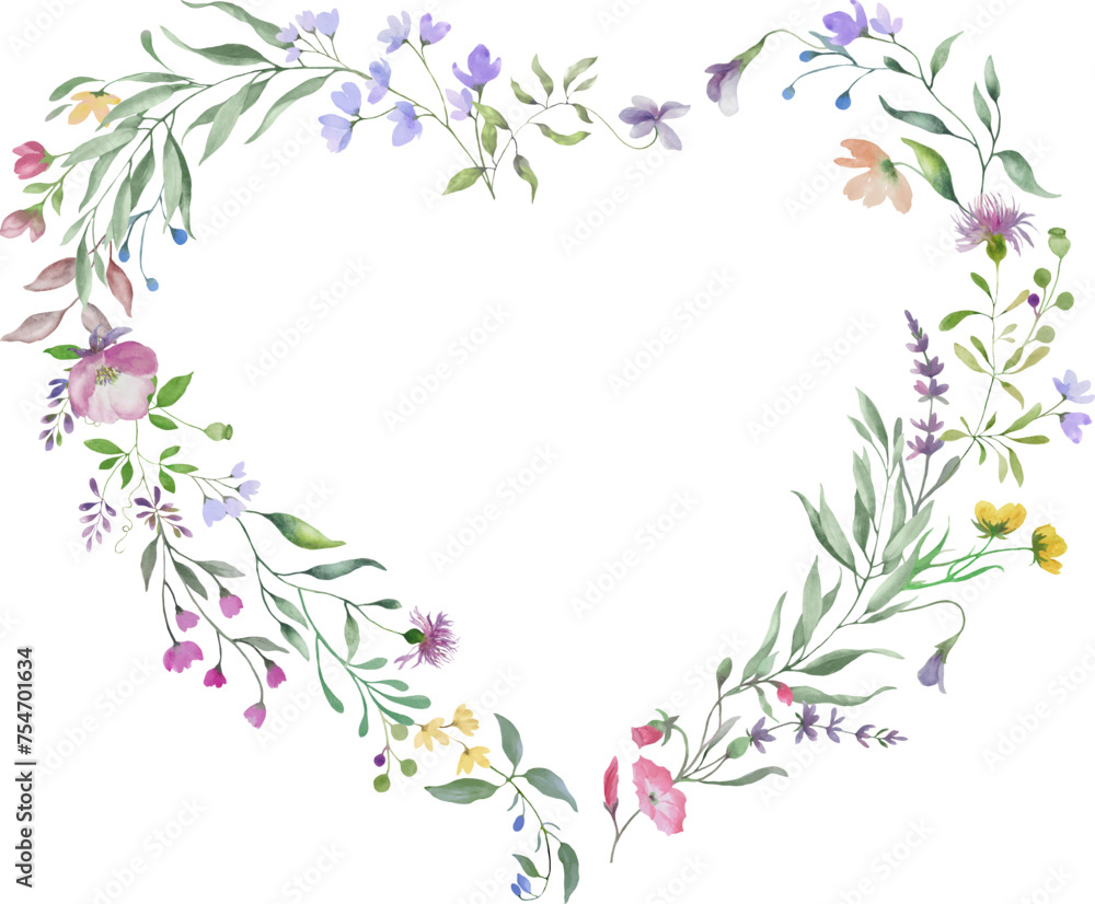 Watercolor floral heart. Hand drawn illustration isolated on transparent background. Vector EPS.