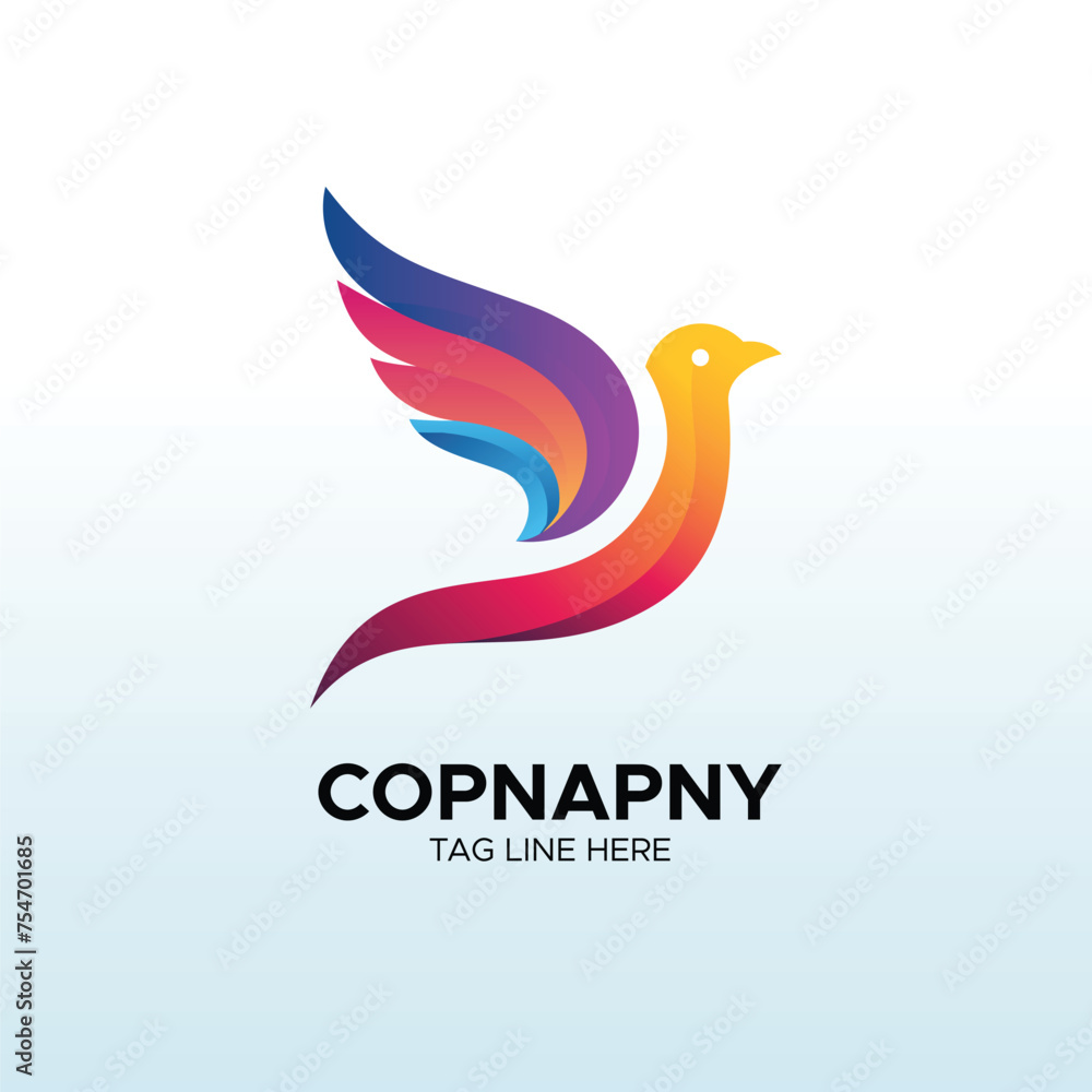 Obraz premium Colorful gradient bird logo template, modern flying dove vector emblem, vibrant phoenix identity symbol for business branding
