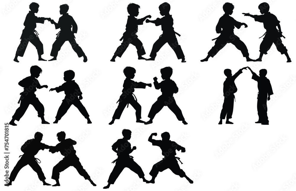 Two young boys doing karate silhouette, Two karate young boys fighters in a match, 