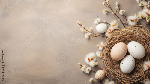A nest of eggs is surrounded by flowers and twigs. Concept of warmth and comfort, as the nest provides a safe