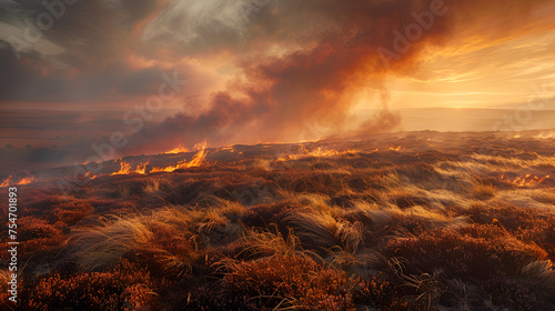Burning heather as management of moorland Yorkshire, generative ai © Neelam