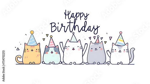 Cute Line Art Illustration of cats wearing party hats with happy birthday message