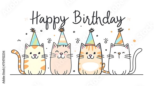 Cute Line Art Illustration of cats wearing party hats with happy birthday message