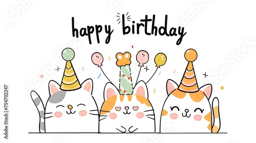 Cute Line Art Illustration of cats wearing party hats with happy birthday message