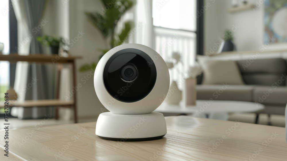 A sleek, modern, white security camera positioned on a light wood surface in a bright, contemporary living space A sleek, modern, white security camera positioned on a light wood surface in a bright, contemporary living space