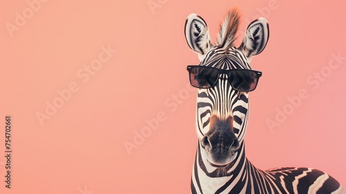 Zebra with sunglasses isolated on solid pastel background  commercial  editorial advertisement  surreal surrealism 