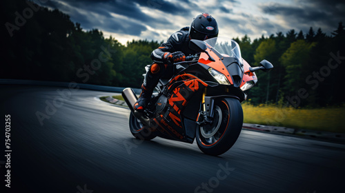 Photo of a rider on a sports motorcycle on an asphalt road. An atmosphere of speed and power. Generative AI