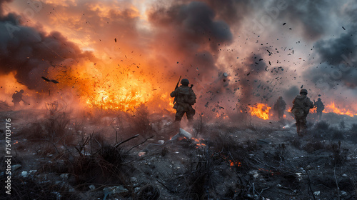 Armed soldiers fleeing a massive, fiery explosion in a barren, war-torn landscape..