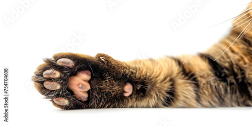 Close-up feline kitten domestic animal forefoot with copy paste empty place for text. Brown cat paw isolated on white studio background photo