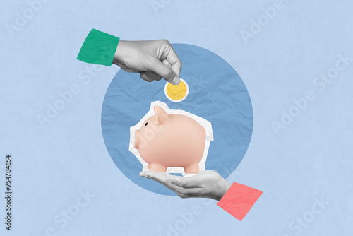Creative art collage of invest and saving success in the future goal. hand holding piggy bank and man hand inserting coin inside of piggy bank