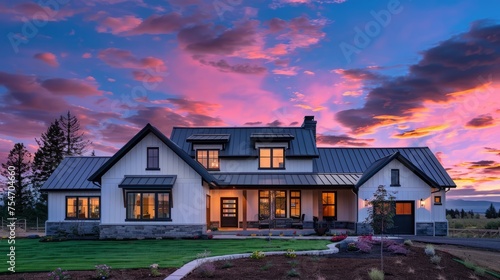 Exterior Modern Farmhouse at Dusk with Pink and Blue Sky,modern farmhouse with wraparound porch and lanterns at night,Home architecture design in Ranch Style with Front porch 