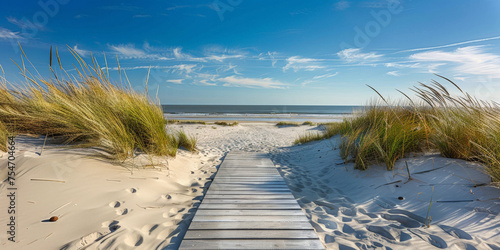 A wooden walkway leading to the beach  surrounded by dunes and grasses under a clear blue sky 