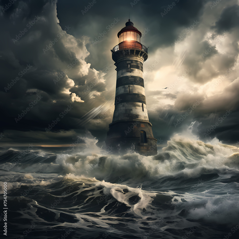 A coastal lighthouse against stormy clouds.