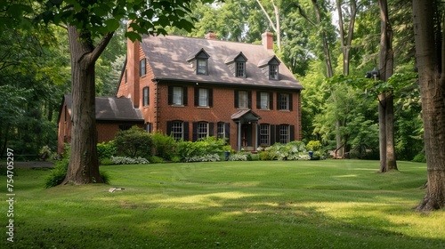 Large red brick colonial Colonial home on a spacious forested lot,A modern cottage with a brick facade in a rural landscape,side view of a georgian mansion with boxwood hedge