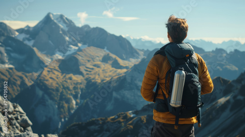 An explorer with a backpack gazes across a vast mountain range, capturing the enormity and beauty of the alps