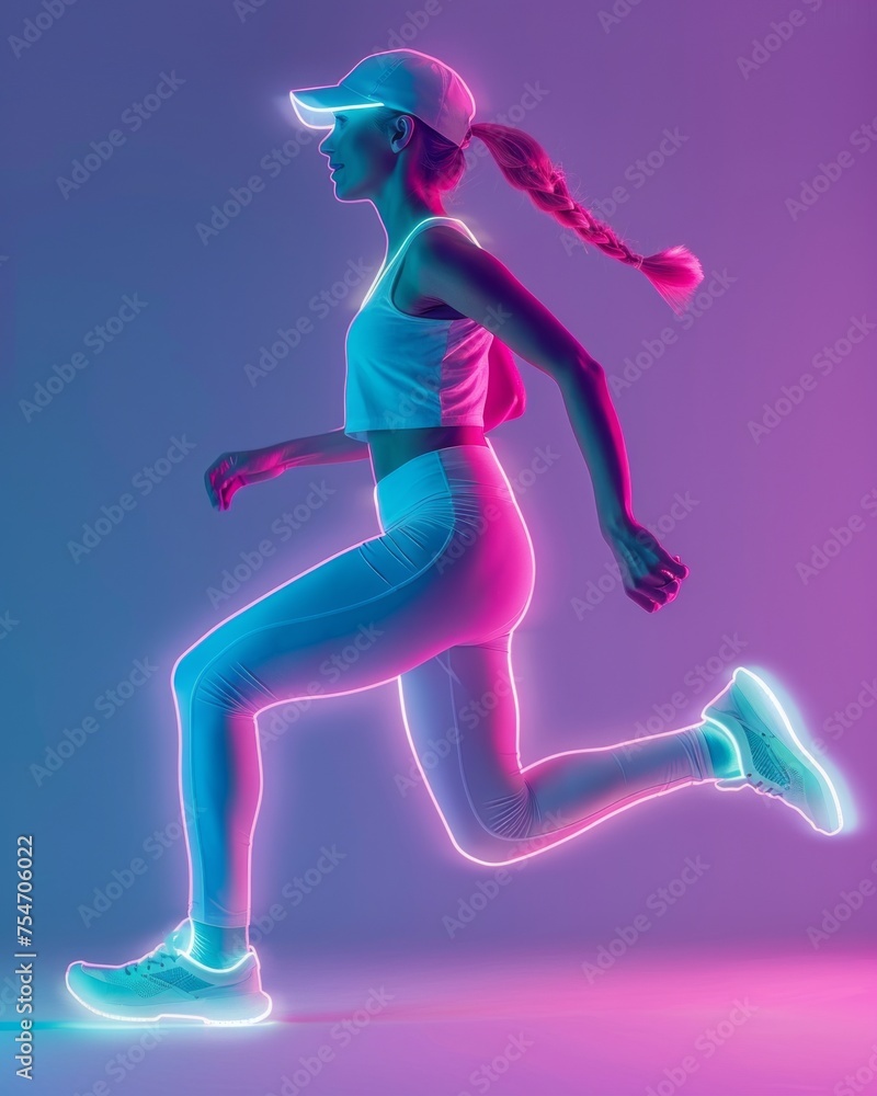 Sporty Woman Running in Neon Lights