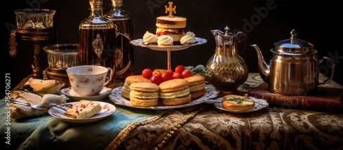 The table is adorned with plates filled with delicious food and cups waiting to be sipped. It is a scene reminiscent of a vintage street tea party, complete with a crown baked bread for King Charles