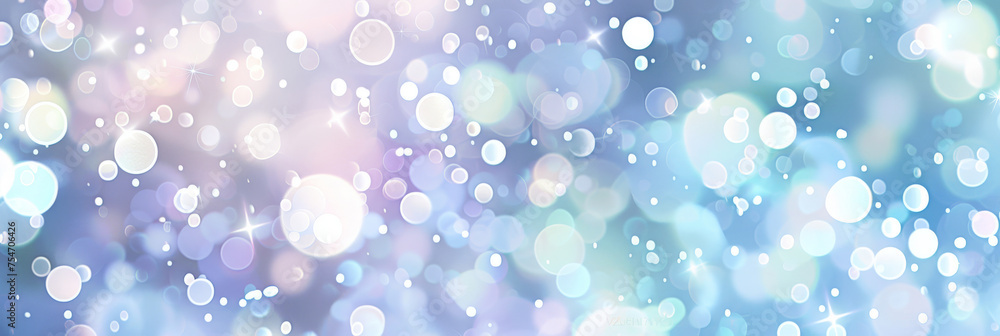 Abstract blurred background with white bokeh lights and sparkling glitter in pastel colors. Abstract background with colorful defocused light, stars, sparkles, and particles.  blue unicorn banner 