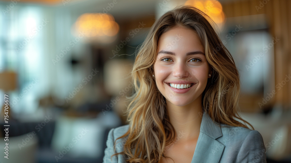 Smiling beautiful elegant businesswoman standing at lobby Copy space Smiling beautiful elegant businesswoman standing at lobby Copy space