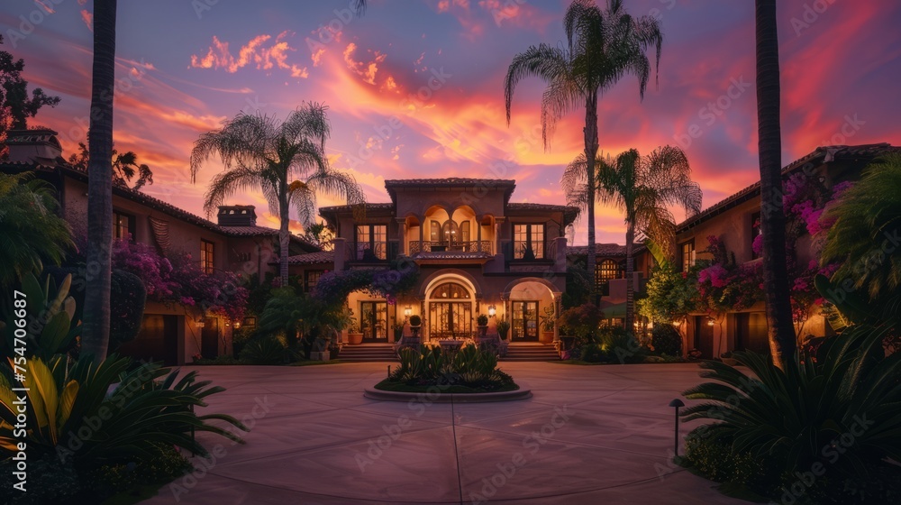 Luxury mansion during the golden hour, with pink and purple skies and lush plants,Exterior of a luxury villa at night with palm trees,Luxury mansion at night with palm trees in the foreground

 - obrazy, fototapety, plakaty 
