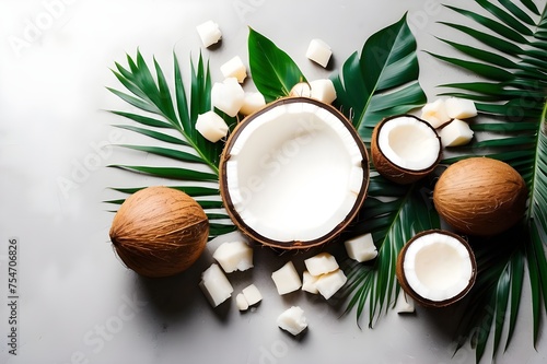 Free Copy Summer Flat lay background. Frame of tropical leaves and fresh coconut on light gray background top view copy space. Healthy cooking. Creative healthy food concept, half of coconut, nature G