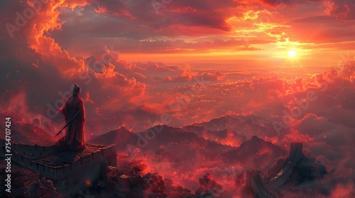 chinese warrior on the great wall of china