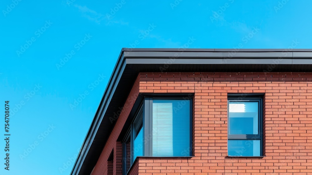 Part of wall made of the red brick, windows and fragment of roof of modern private dwelling house against of sky ,Newly built private residential building outside the city
