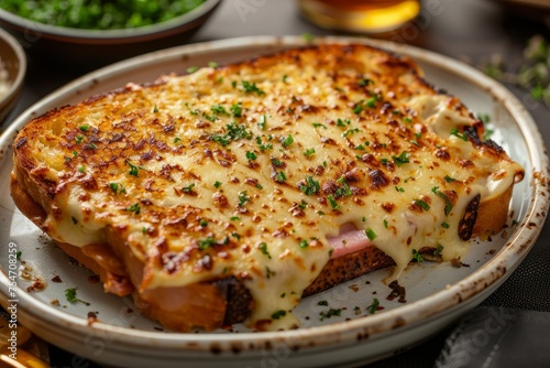 Gourmet Croque Monsieur with Golden B  chamel and Melted Cheese
