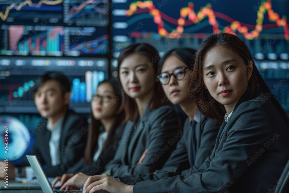 Asian business team sitting in a meeting Graphs on monitor board. Laptop. Modern office.