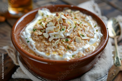 Hearty Rye Porridge with Whipped Cream and Almonds