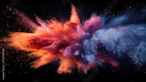 A centered explosion of colorful powder on a black background