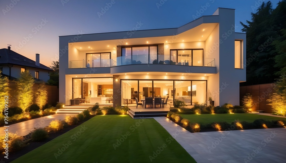 luxurious modern house exterior house illuminated by elegant lighting and garden in the evening. AI GENETRATED