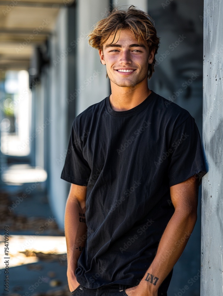 fashion mockup of a male teenager in a plain black shirt fashion mockup of a male teenager in a plain black shirt