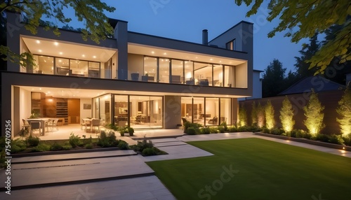 luxurious modern house exterior house illuminated by elegant lighting and garden in the evening. AI GENETRATED © HarisZai-Designs