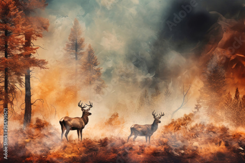 A herd of wild animals sprint through a forest, escaping a raging fire. The urgency and speed of their movement is evident © Anoo