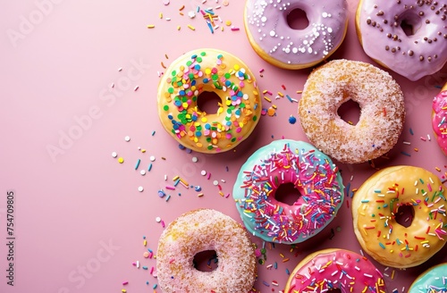 Donuts with colorful glaze and sprinkles on a pink background.  pink and yellow donuts on a white background