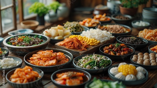 Variety of Korean food Served on the dining table Suitable for illustrations  articles  or cooking content.