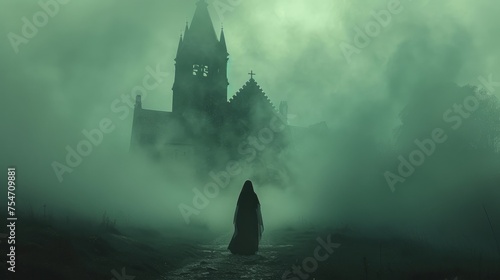 nun in the fog near the church