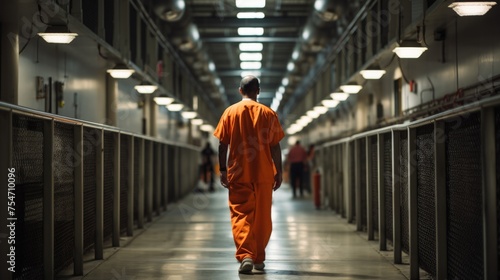 male prisoner in an orange jumpsuit walking down a prison hallway photo