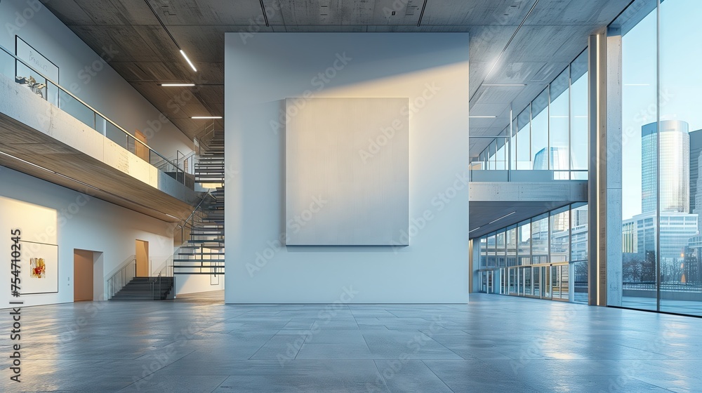 Square canvas frame on white wall in the exhibition room Square canvas frame on white wall in the exhibition room